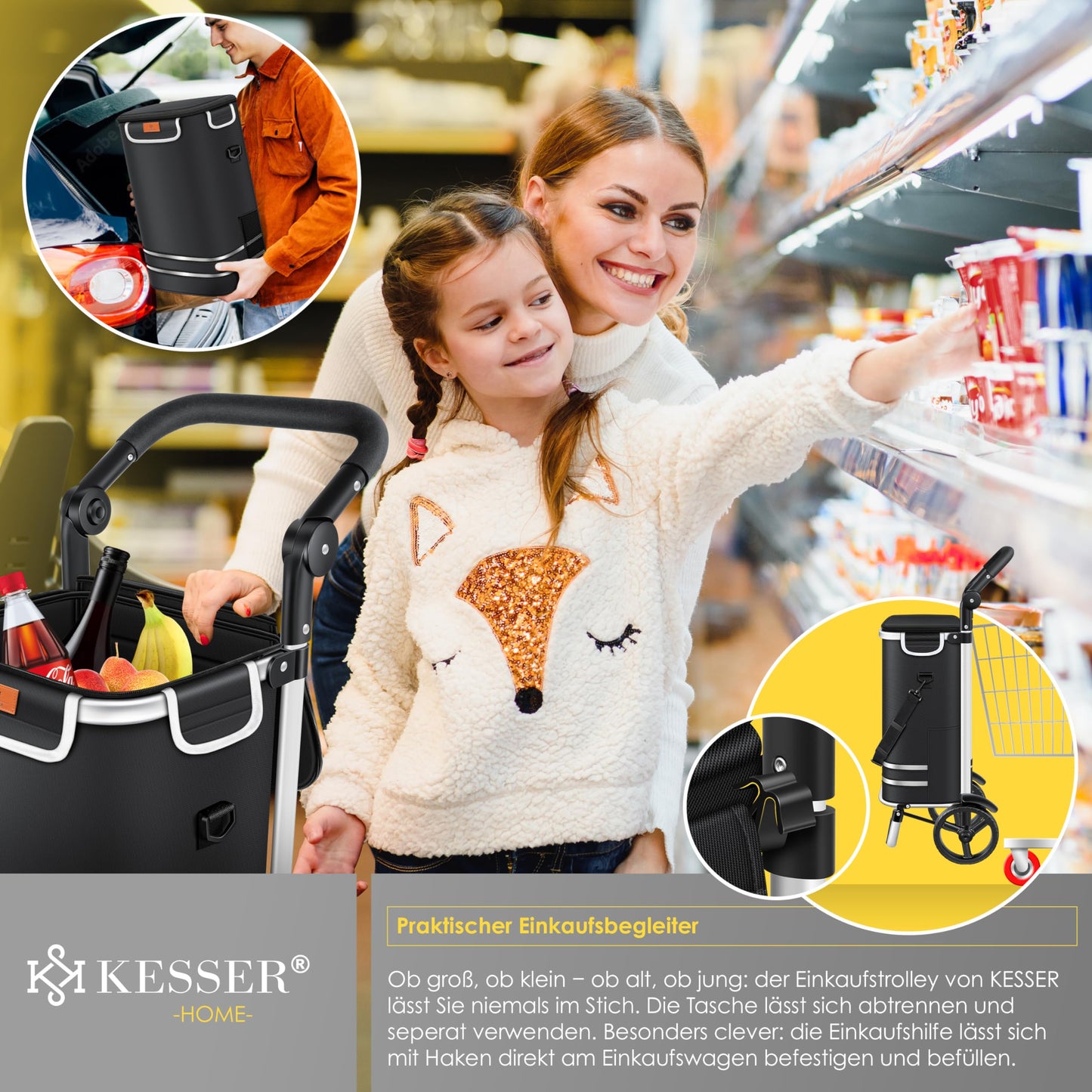 KESSER® Folding shopping trolley with 56L capacity and loadable up to 50kg | 3in1 trolley hand truck & shoulder bag | Foldable shopping cart including cooler compartment & shopping chip | Stair climber black