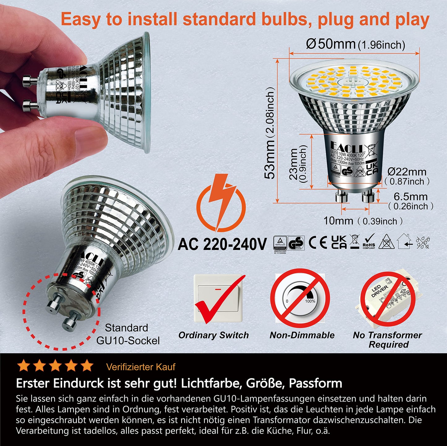 EACLL GU10 LED 4000K 10 Watt replaces 140W halogen bulbs, 6-pack. Neutral white 1050 lumens bulbs, AC 230V flicker-free spotlight, 120-degree beam angle. Non-dimmable reflector lamps.