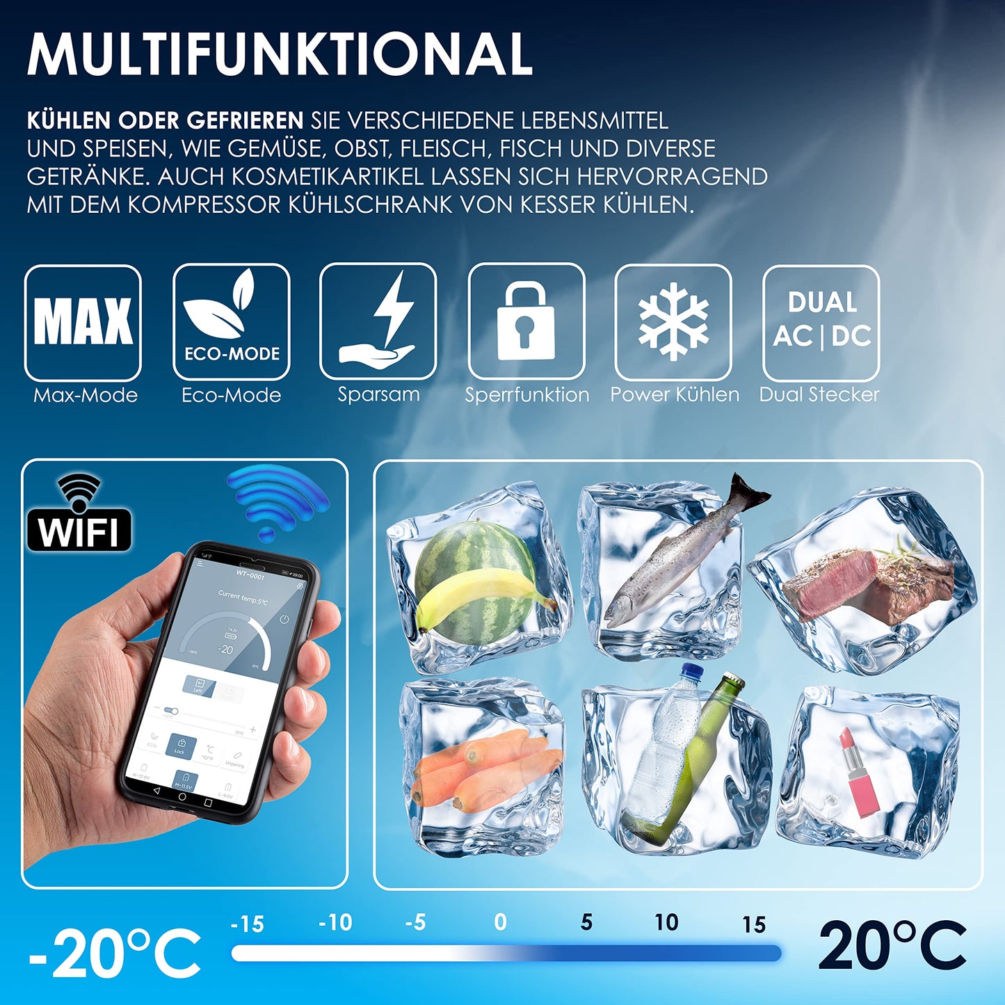 KESSER® compressor cooler box electric freezer box, 42 liters with app control USB port 12/24 V 230V, +telescopic handle, 2x cooler box wheels refrigerator cooling up to -20 °C for car, truck, boat + cooler pack