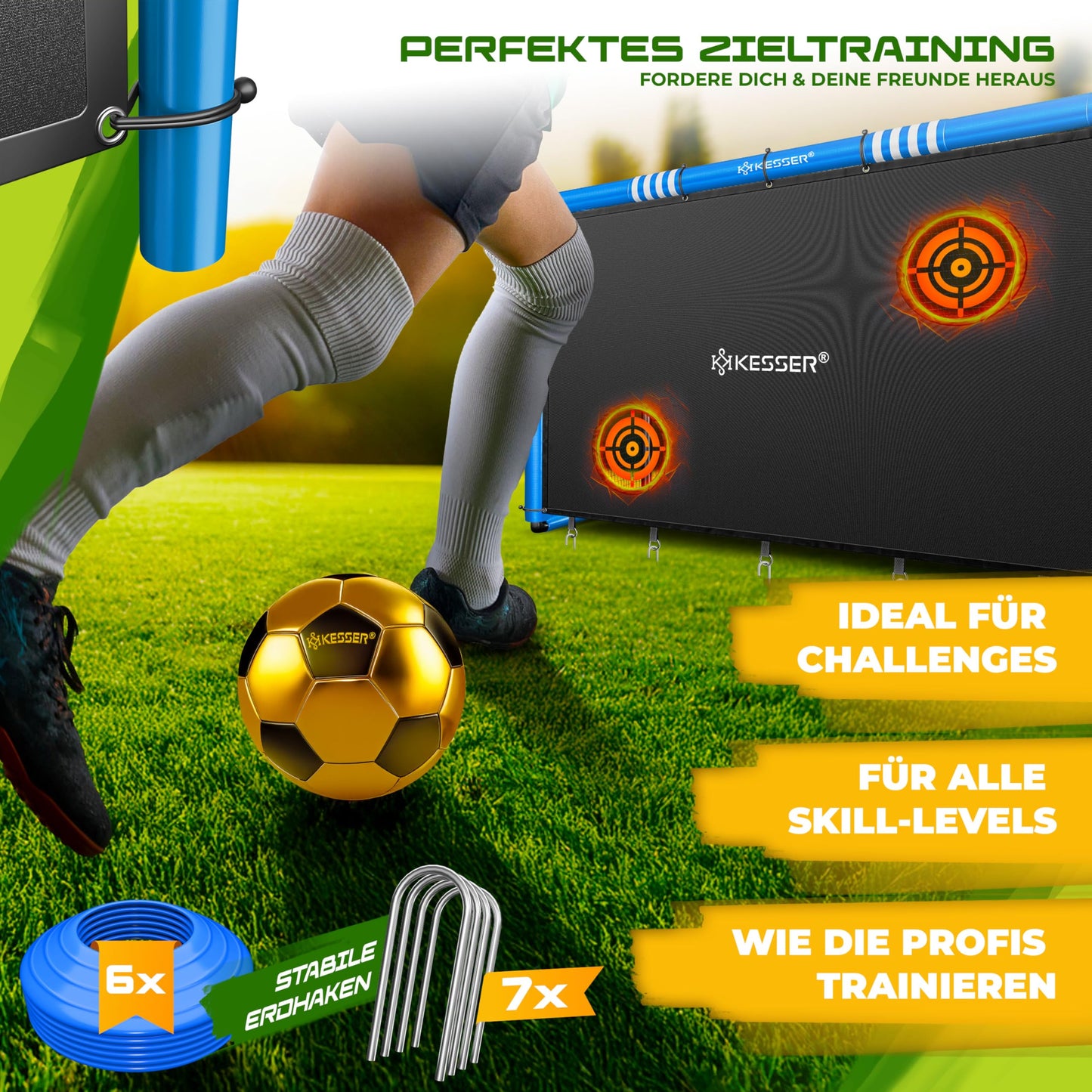 KESSER® Soccer Goal - High-quality soccer goal 240cm with target wall, shooting training UV-resistant net, steel frame with padding, ground stakes, air pump, cones, assembly accessories for kids and adults.