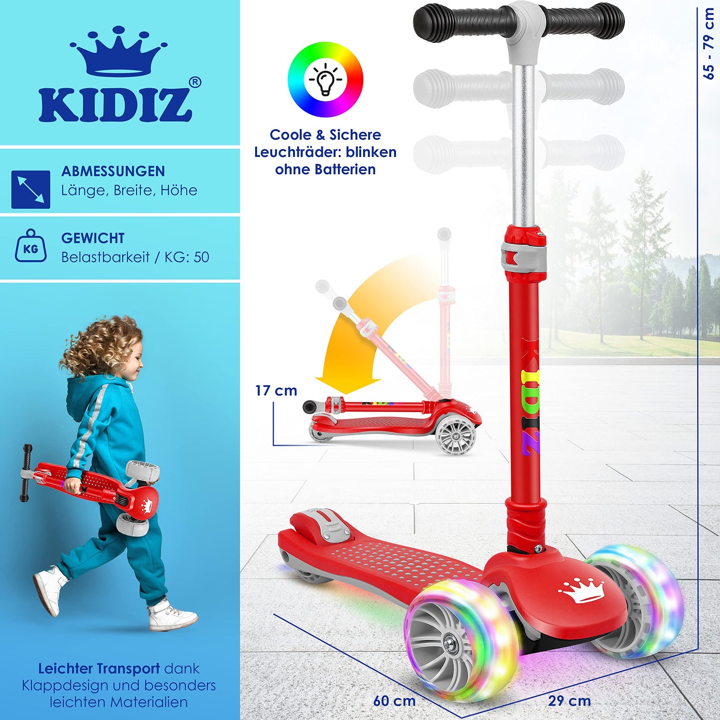 KIDIZ® Roller Children Scooter X-Pro2 Trike Scooter with PU LED Light-Up Wheels Kids Scooter foldable Kick Scooter adjustable City Scooter Children's Scooter for Boys Girls 3-12 Years, Red