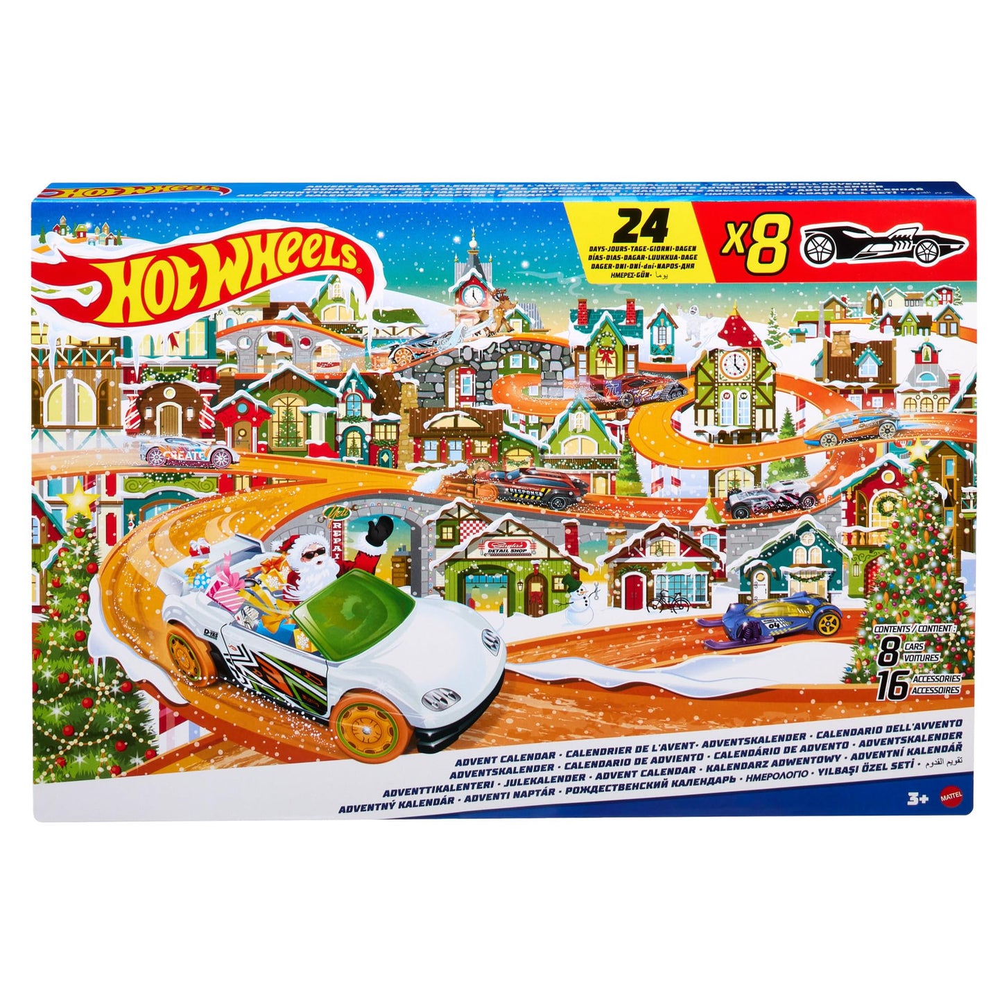 Hot Wheels Advent Calendar - 8 cars and 16 winter accessories behind 24 numbered doors, including a play mat, for kids and fans. HKL74