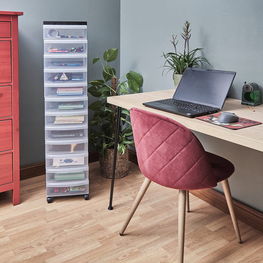 Iris Ohyama plastic drawer box with wheels, 12 flat drawers, black, pull handles, for bedroom, bathroom, school & office, BPA-free, drawer cabinet, rolling container, A4 Drawer, DC-012