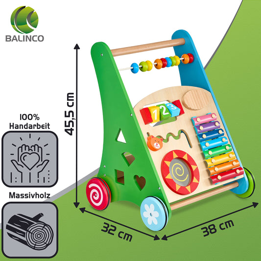 Balinco - Wooden Baby Walker 3-in-1 from 6 months - Walking aid with musical toys, learning functions & motor skills training - Walking aid with xylophone & shape sorting - Baby walker for girls & boys.
