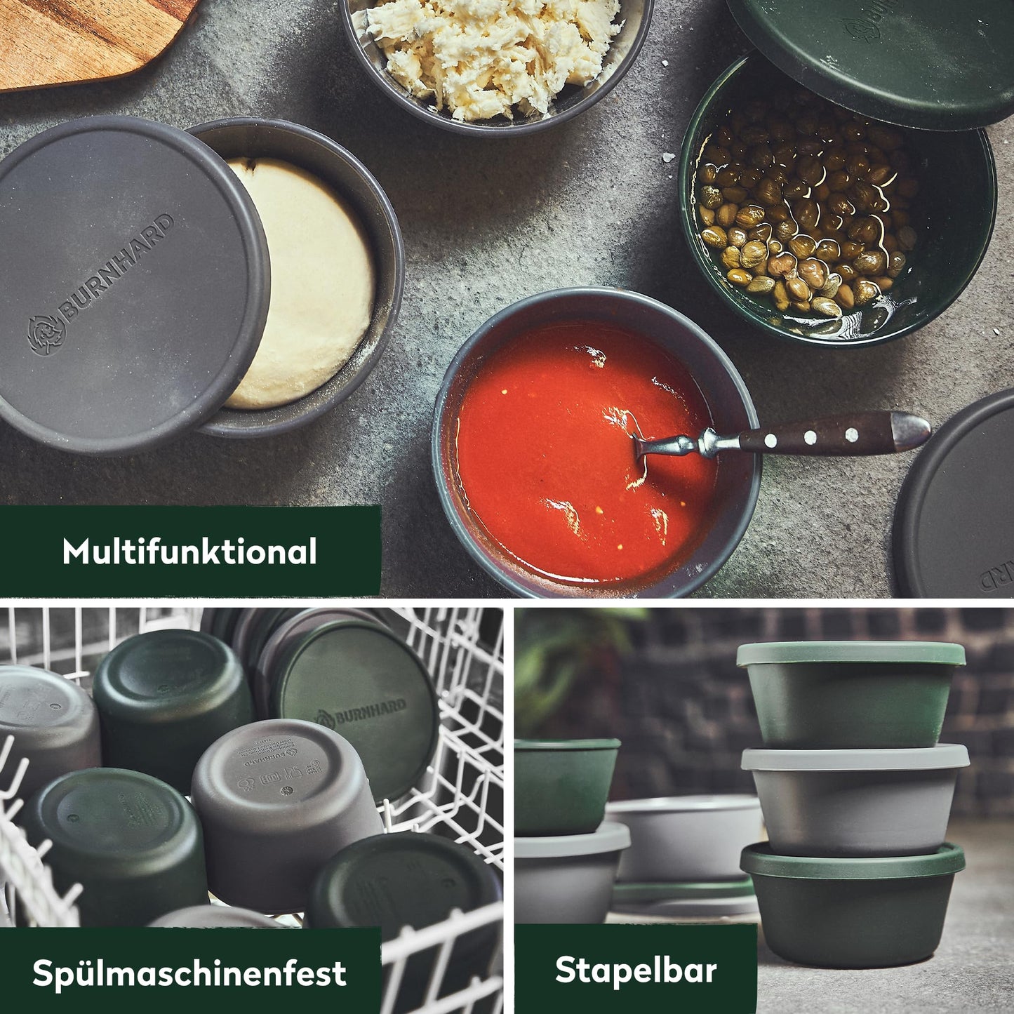 BURNHARD Pizza ball box with lid, airtight, set of 6 made of BPA-free silicone, stackable, temperature-resistant (-20 to 230 °C), ideal for proofing, freezing & baking.