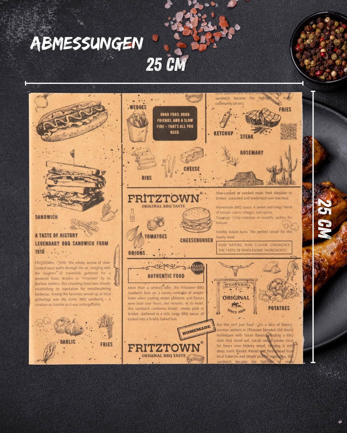 FRITZTOWN Deli Paper | Uncoated wrapping paper for burgers, sandwiches & BBQ | Grease-resistant food paper | Perfect for street food & delicacies (25x25 cm, 1000 sheets)