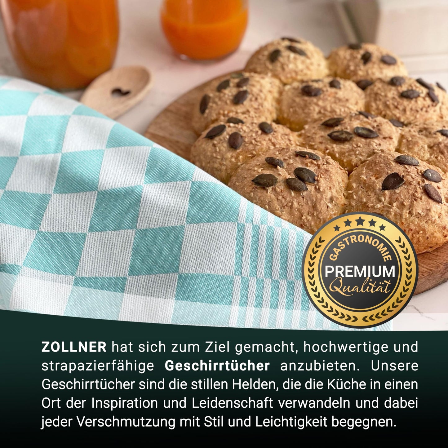 ZOLLNER 6 piece set of cotton kitchen towels, 65x65 cm - highly absorbent and durable - washable up to 60°C - mint checkered pattern - gastronomy quality - Oeko Tex® certified