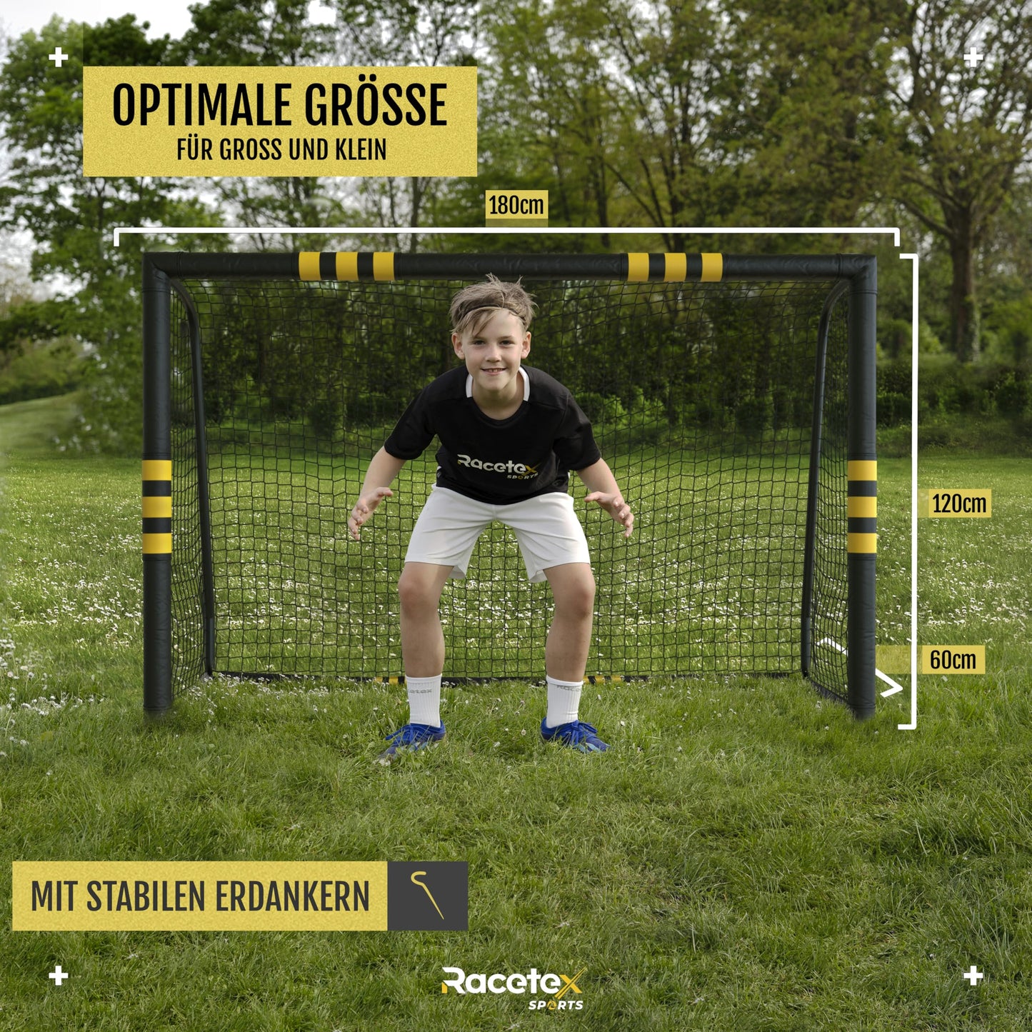 Racetex soccer goals for garden, kids, and adults with anti-rust coating. Includes ground anchors for optimal stability and padding all around (180cm x 120cm).