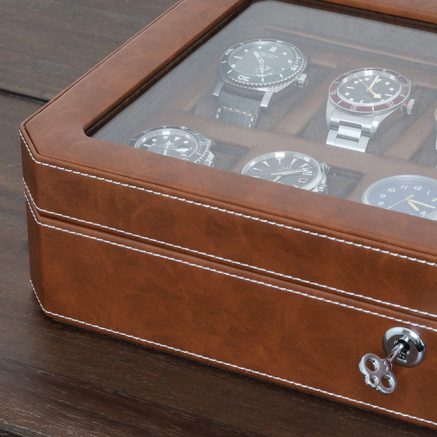 ROTHWELL 12 Slot Leather Watch Box for Men - Luxury Watch Case Display Organizer, Men's Storage Boxes Holder with Large Glass Lid (Black/Gray)