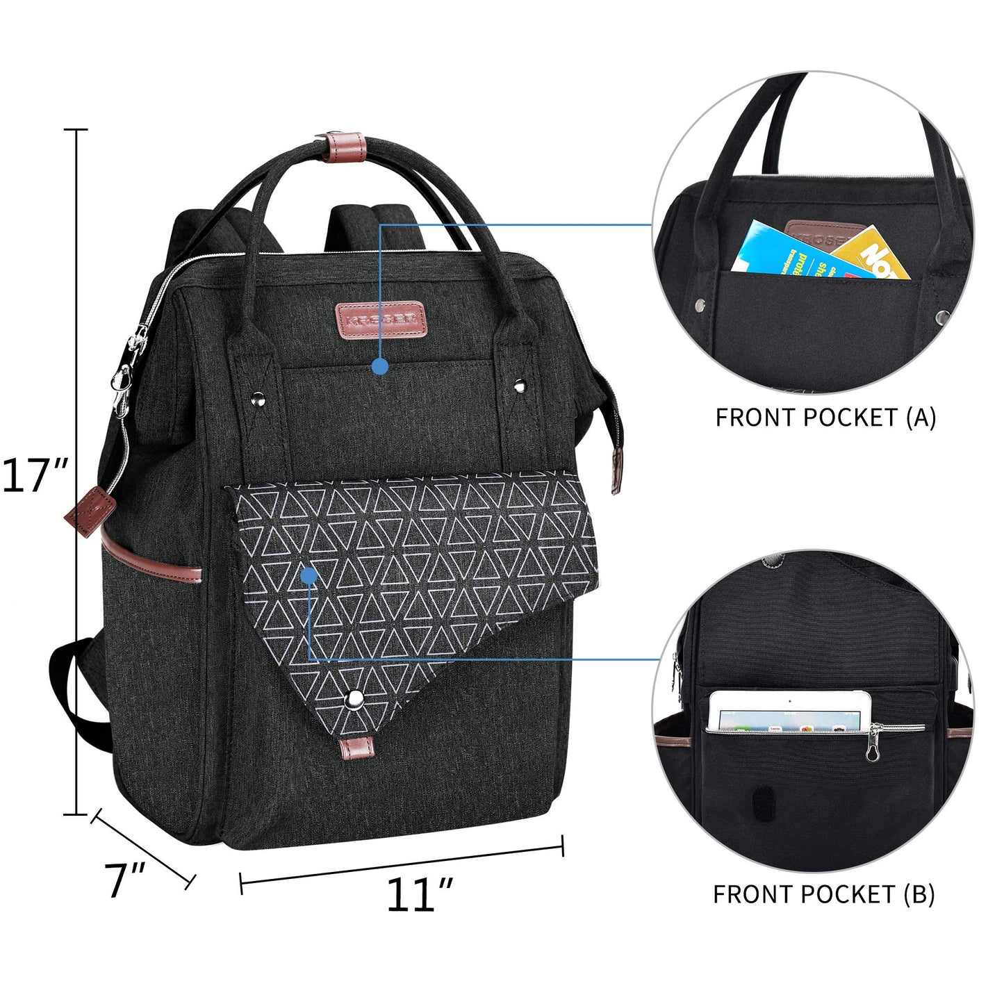 KROSER backpack for women, school laptop backpack 15.6 inch daypack waterproof for university/travel/business/work women/men, black.