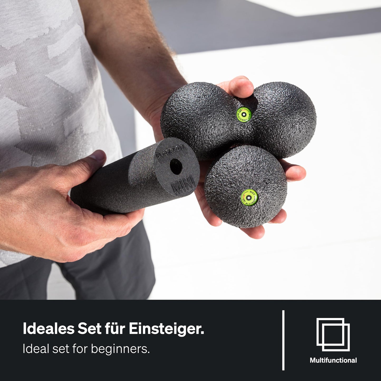 BLACKROLL® BLACKBOX fascia rollers for self-massage: Set includes STANDARD and MINI fascia rollers, BALL 08 fascia ball, and DUOBALL 08 for effective training. Made in Germany.