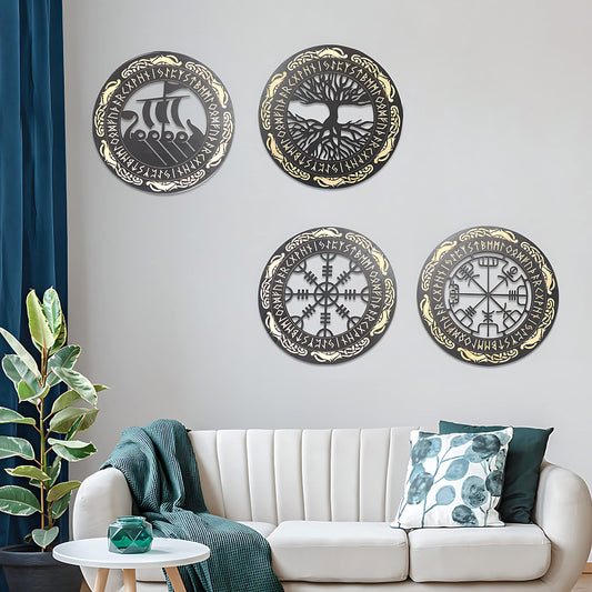 Arsey Vikings Nordic Mythology Runes Wooden Ornaments Medieval Decor Wall Sculptures Wall Ornament Compass Tree of Life Vegvisir Wall Decor Living Room Bedroom Wall Art, Wood, Yellow, 4 Pieces