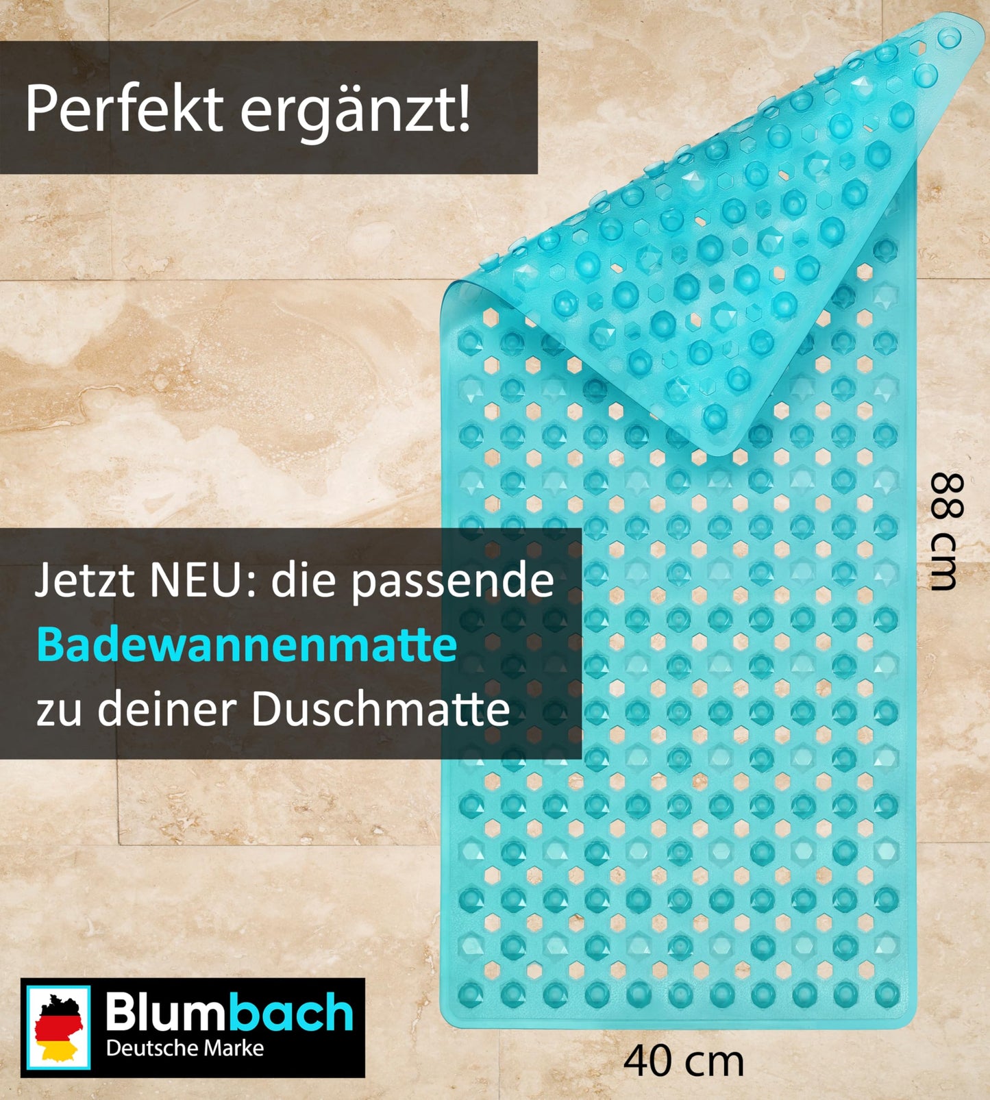 Blumbach® Non-Slip Shower Mat 53x53cm - 100% BPA-free - Includes 2 hooks for hanging - non-slip grip shower & bathtub mat, shower insert, mold-resistant & machine washable.