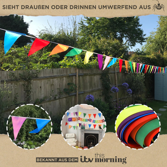 Premium Reusable Outdoor Weatherproof Bunting - Waterproof Fabric Garlands Outdoor Banner Party Decoration - Rainbow Bunting Birthday, Garden Party, Summer Party Decor (56m, 168 Large Flags)