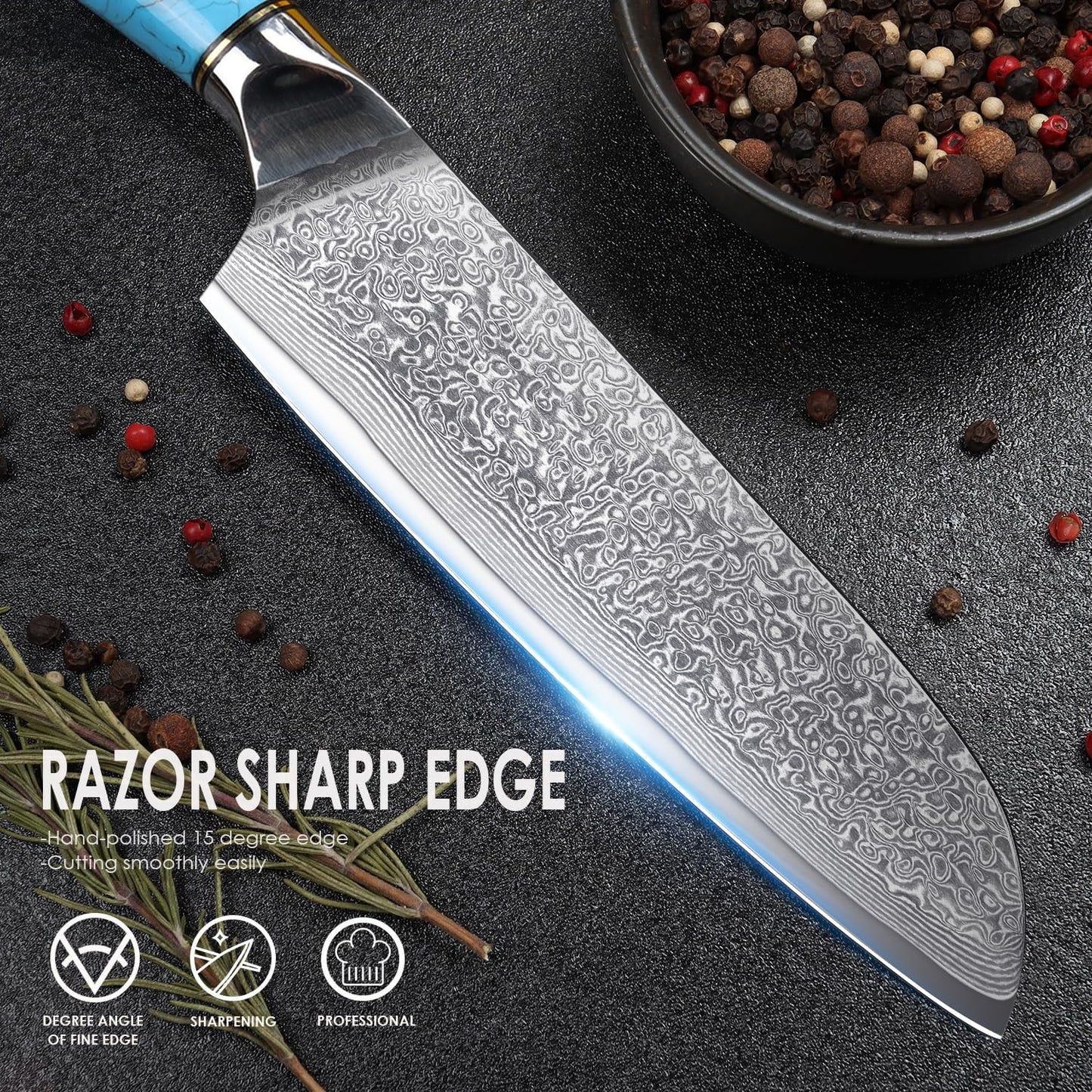 Home Safety Santoku Knife, Damascus Knife, Damascus Sushi Knife with Extremely Sharp 17.5 cm Blade Vegetable Knife made of 67 Layers of Vg-10 Damascus Steel Ergonomic Resin Handle, Gift Box