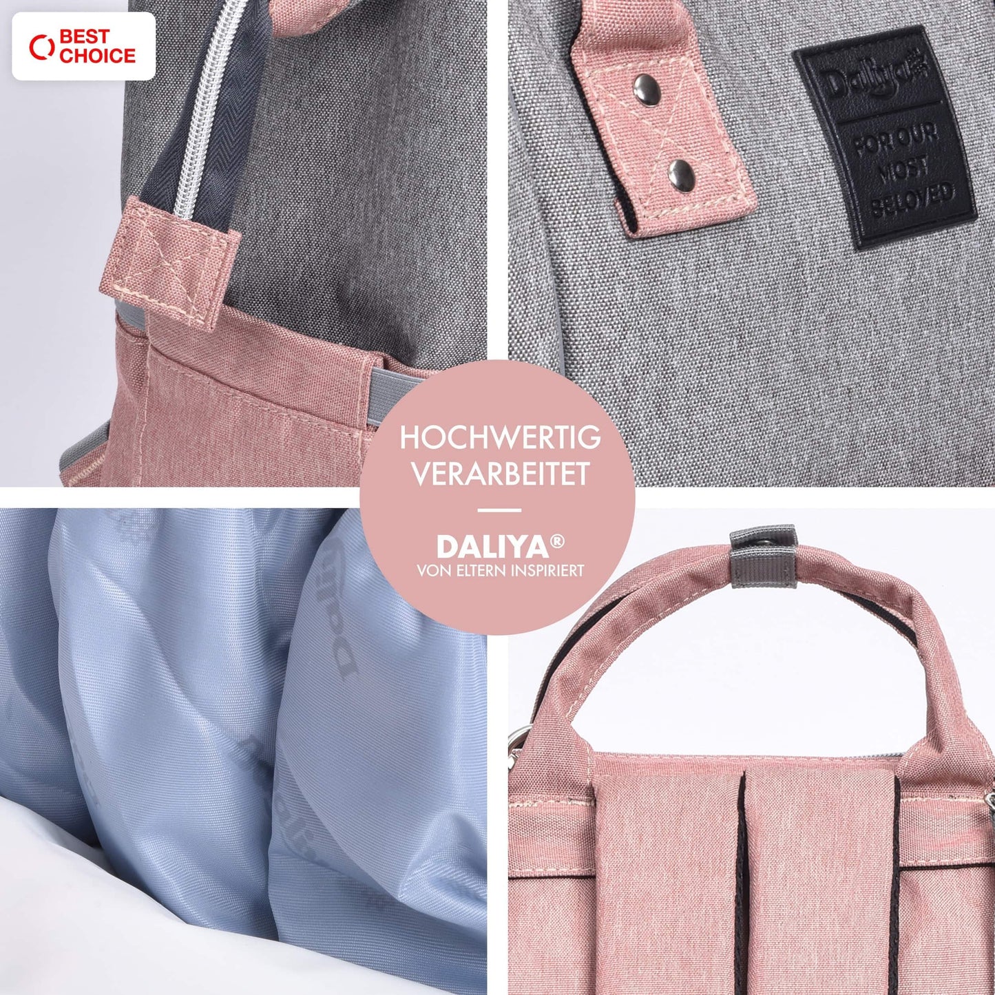 Daliya® PAKMI diaper backpack with pacifier pocket & changing pad & changing pad pouch & keychain - diaper bag mom bag backpack with lots of storage space - pink grey