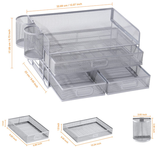 Vikmyer 3-Tray Desktop Organizer with Drawer, Mesh Office Desk Supplies Organizer Document Letter Tray Holder for Office Home (2 Pen Holders) Silver-3 Drawers