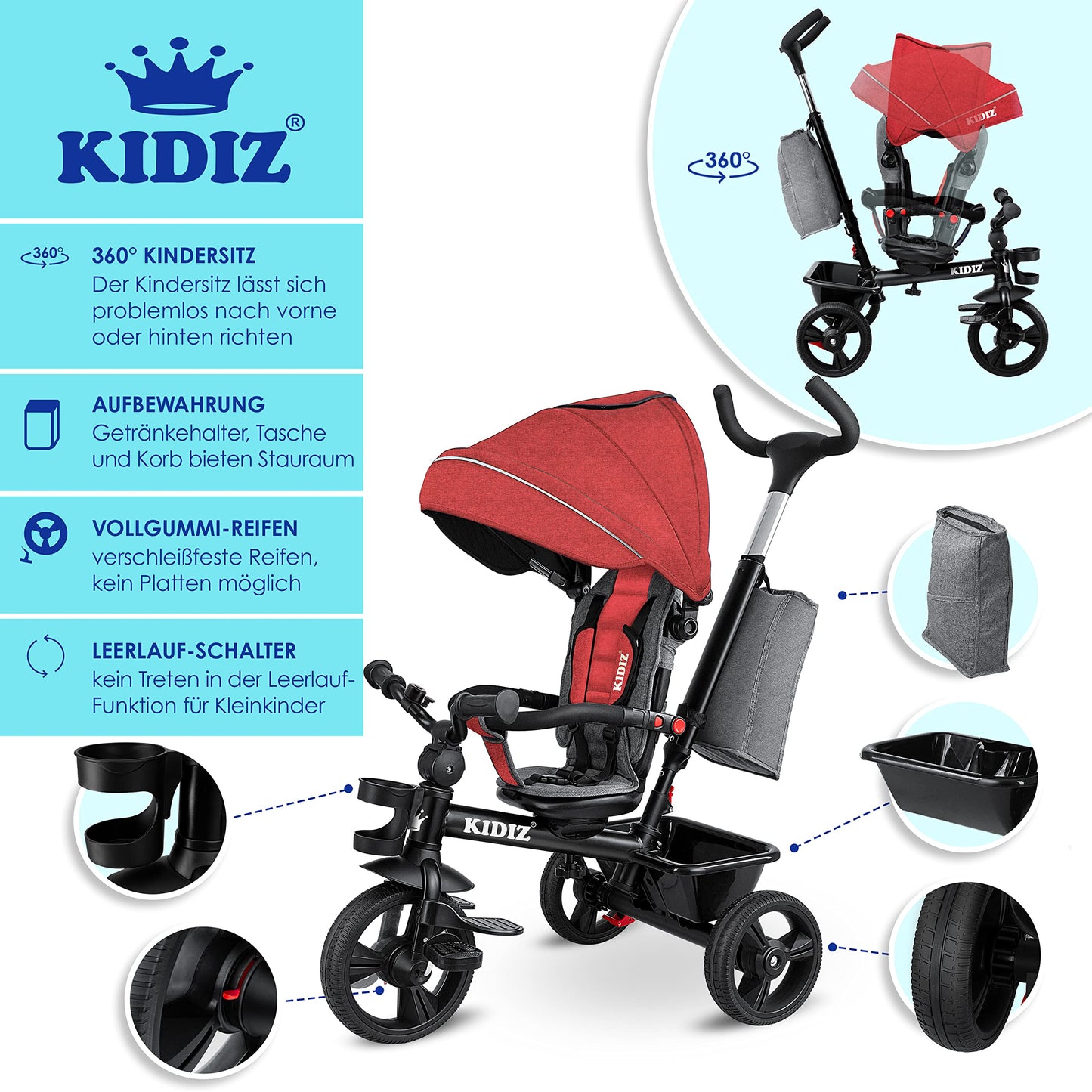 KIDIZ® 6in1 tricycle for kids with push handle, steerable from 9 months up to 25kg. Jogger with forward & reverse ride, basket, bag, drink holder, sunshade, rubber tires, foldable red.
