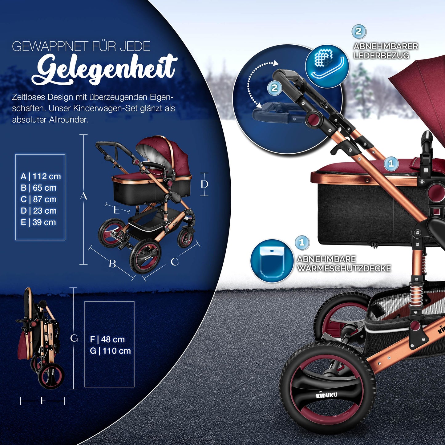KIDUKU® 3 in 1 stroller XXL complete set | Combination stroller set including baby tub, buggy seat & car baby seat footmuff | Full rubber tires changing bag hand warmer rain cover children's table ECE R129