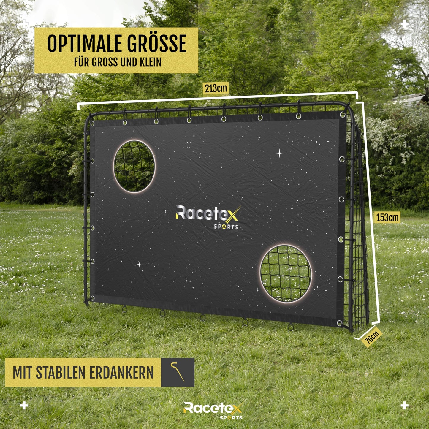 Racetex Kids Soccer Goal including target wall with anti-rust coating - Soccer goals for garden children and adults - Soccer goal with ground anchors for optimal stability - Soccer goal (Galaxy)