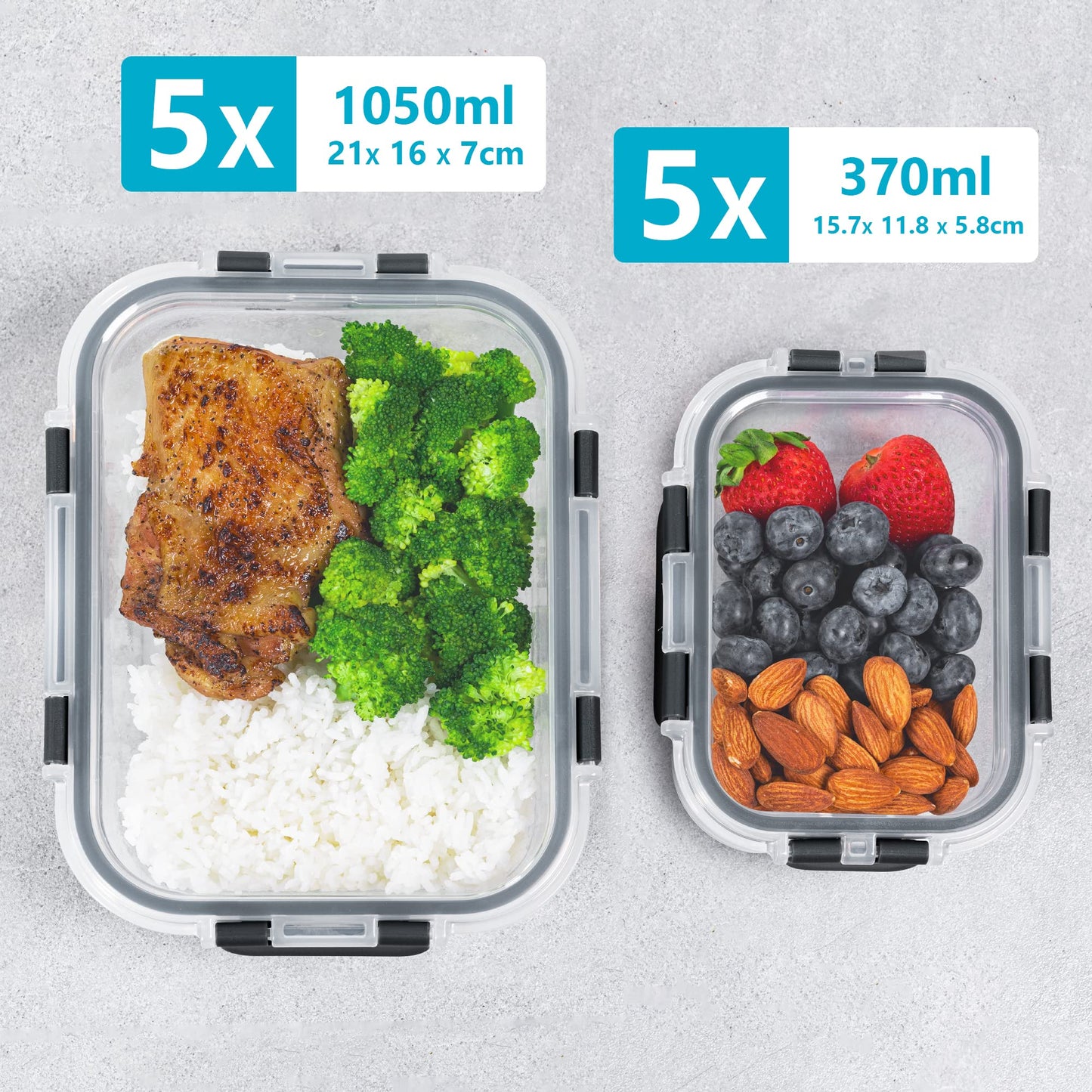 Igluu Meal Prep Glass Food Storage Containers with BPA-free lid (10-pack) - microwave, oven, freezer, dishwasher safe, leak-proof - 370 & 1050 ml - durable borosilicate glass.