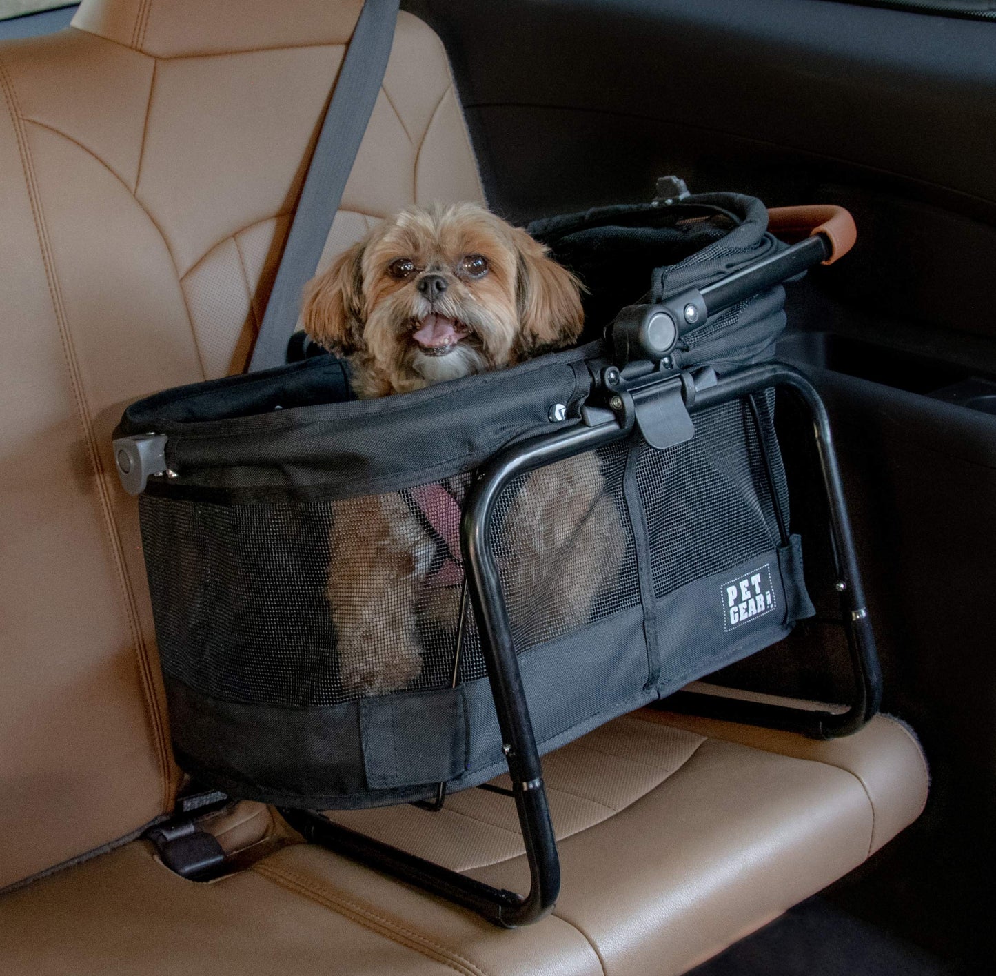 Pet Gear View 360 Pet Carrier & Car Seat with booster seat frame for small dogs & cats, mesh ventilation, snap-on operation, no tools required.