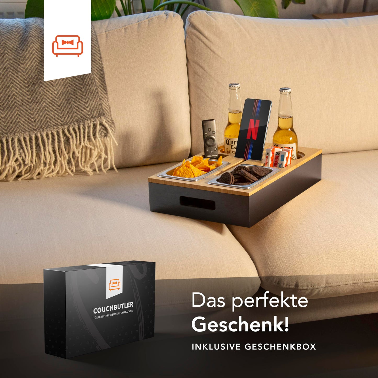 NewHabitat | Couchbar - Personalized snack box made of bamboo with engraving | Sofa tray with 2 snack bowls, 2 drink holders with coasters, magnetic lid, phone holder, includes gift box.