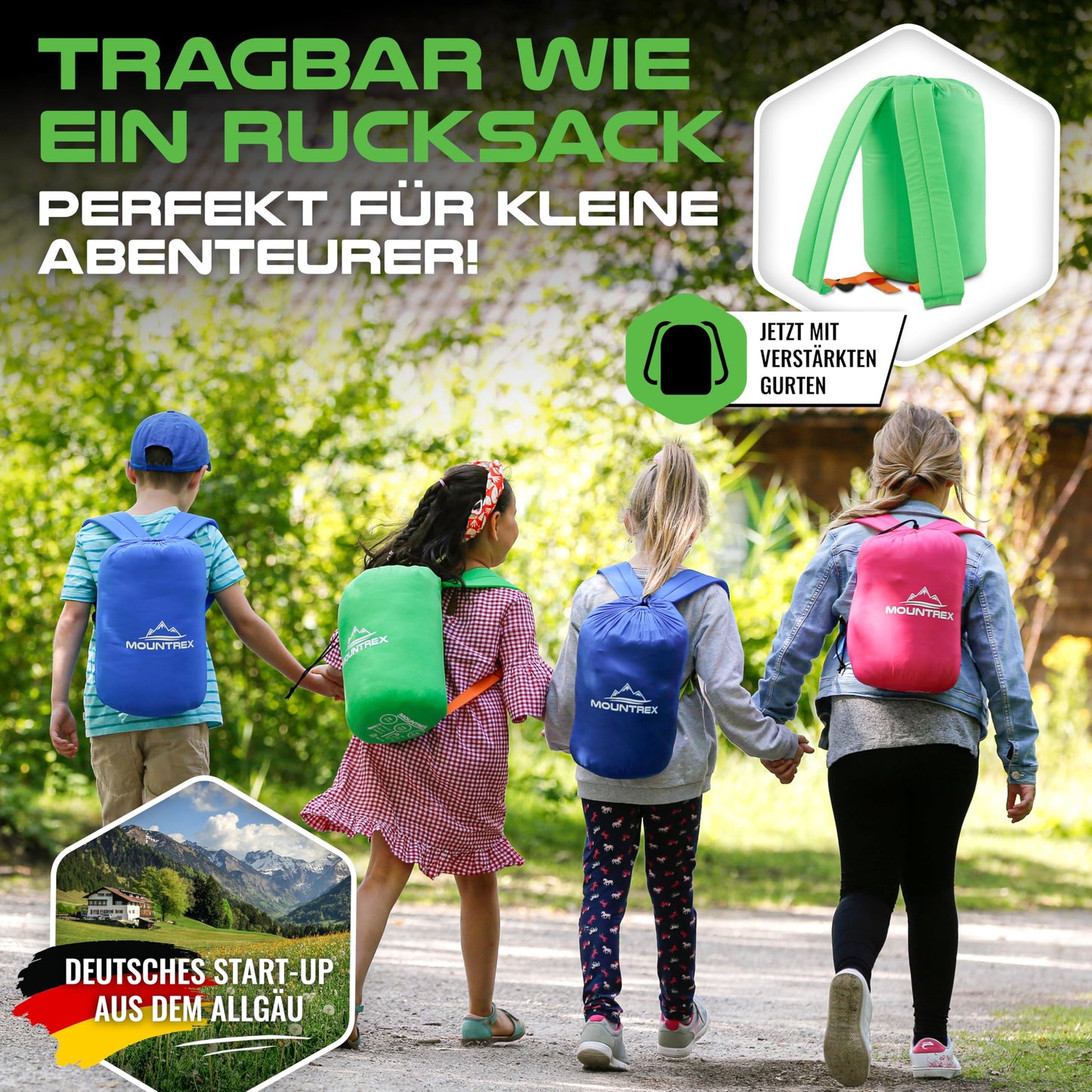 MOUNTREX Kids Sleeping Bag - Portable like a Backpack - Sleeping Bag for Children (175 x 70 x 45 cm) - Outdoor, Travel, Camping - Lightweight & Compact Mummy Sleeping Bag - 100% Cotton Interior.