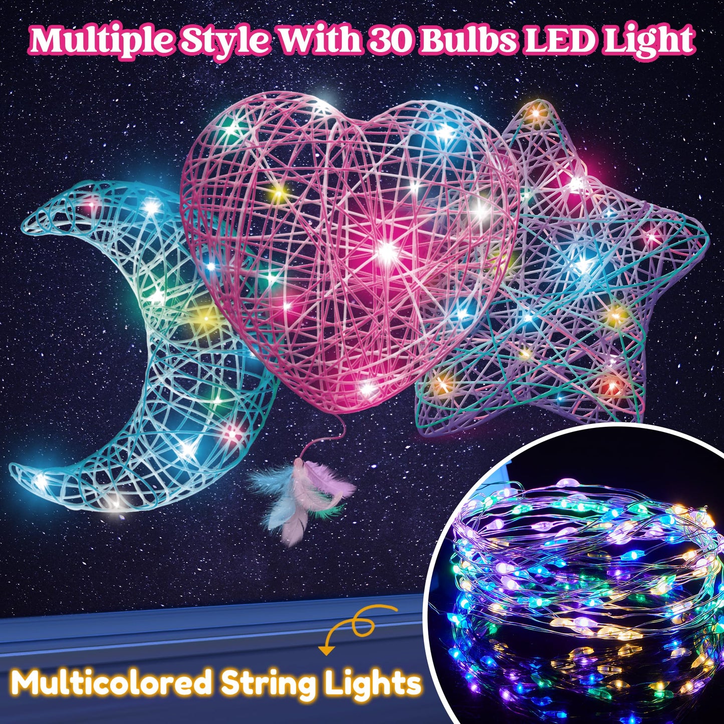 Clever Kits 3D string art set for kids, arts and crafts for kids ages 8-12, DIY lantern craft kit for boys and girls, with 30 colorful LED bulbs, birthday gifts
