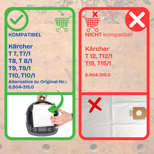 10 filter bags, vacuum cleaner bags for all Kärcher T 10/1 models, alternative to original no. 6.904-315.0 from Microsafe®