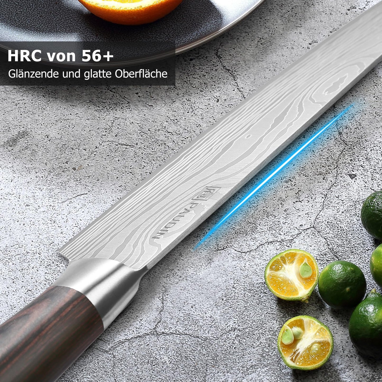 PAUDIN chef's knife, blade length 20 cm professional kitchen knife chef knife utility knife made of high-quality carbon stainless steel, extra sharp knife blade with ergonomic handle
