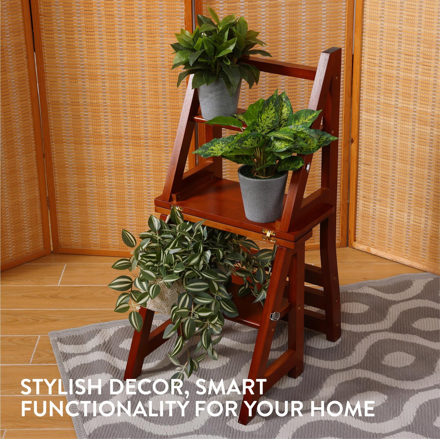 Navaris Folding Chair with Step Function - Chair 3-Step Ladder and Flower Stand in One - Bamboo Folding Chair Folding Step Stool - Kitchen Chair Foldable - Dark Brown