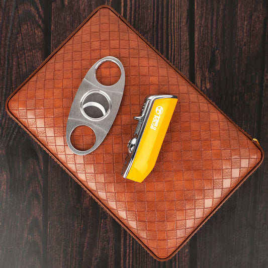 Time C Club 4-Finger Woven Pattern Portable Travel Leather Cigar Case, Cigar Cutter, Cigar Humidor with Cutter and Humidor, Groomsmen Gift, Birthday Gift