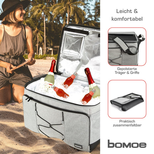 bomoe 52 liter XXL cooler bag foldable - outdoor cooler box 16h cooling function with shoulder strap, waterproof picnic bag thermal bag with storage surface, insulated bag gray - IceBreezer KT53