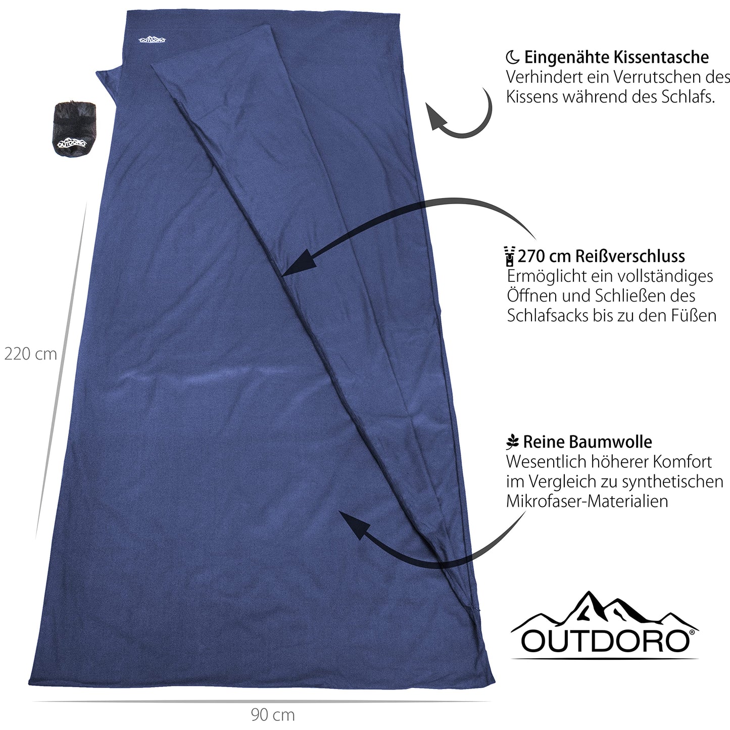 Outdoro Hut sleeping bag, ultra-light travel sleeping bag - only 350 g made of pure cotton with pillow compartment - thin & small - liner, travel sheet