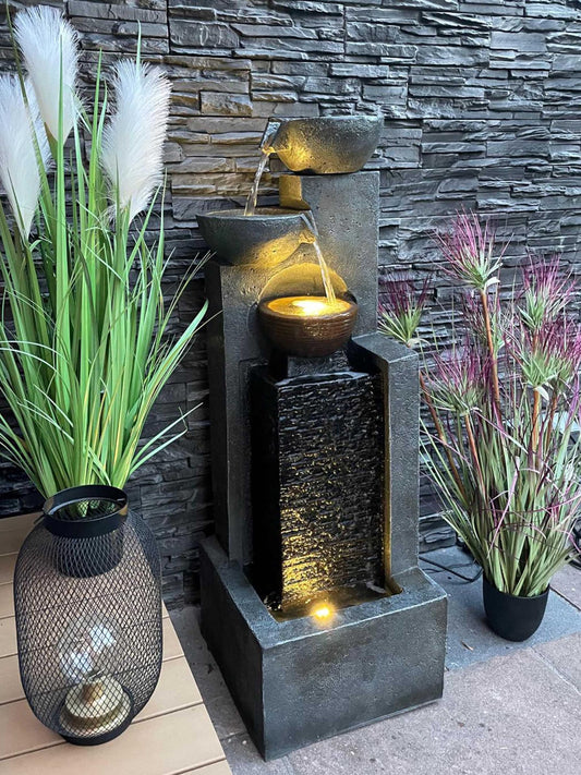 Arnusa Large Garden Fountain with LED Lighting, Cascade Water Feature, Garden Decoration, Black, Gray