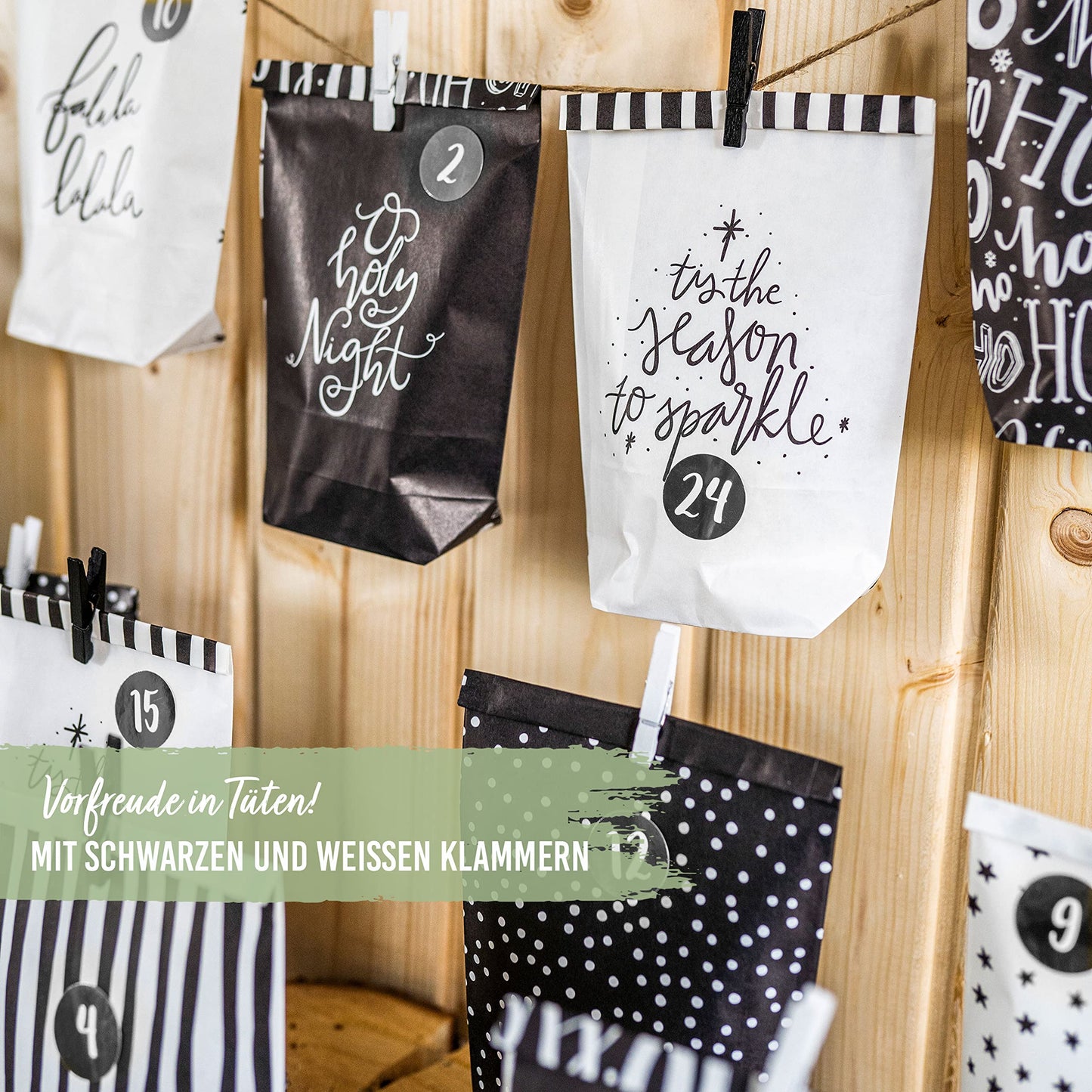 Paper Dragons Advent Calendar 2025 for filling - 24 black and white printed gift bags and 24 number stickers - Design Holy Night black & white - for crafting and gifting - Christmas