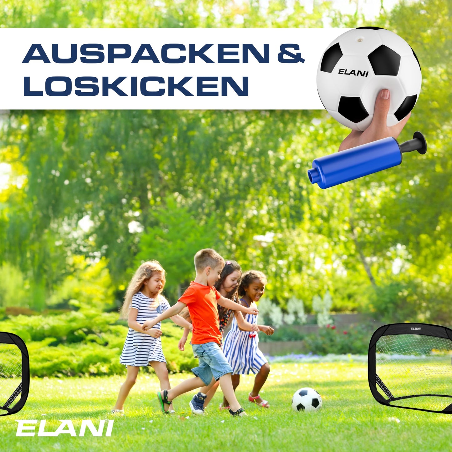ELANI Soccer Goal Kids Pop-Up 2er Set - foldable with ball & pump, 50% smaller + easy assembly, mini soccer goal small, goal, soccer goals for garden kids, soccer goals, soccer goal, soccer