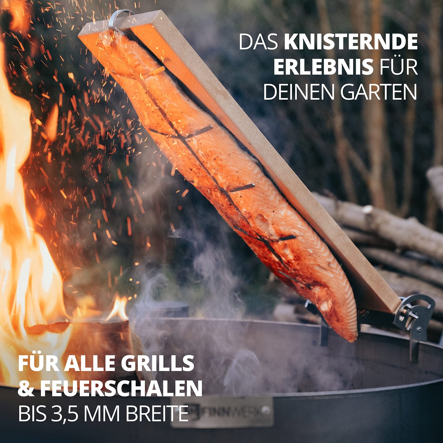FINNWERK Flame Salmon Board - Flame salmon boards with stainless steel holder - Perfect salmon boards for grilling made of solid birch - Also ideal as a smoking board - Angle system for optimal adjustment