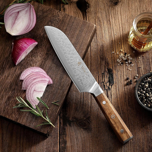 Wakoli Oribu kitchen knife with sharp 17.5 cm Damascus blade made of 67 layers of Damascus steel - Santoku knife with olive wood handle - vegetable knife - sharp knife in gift box - utility knife