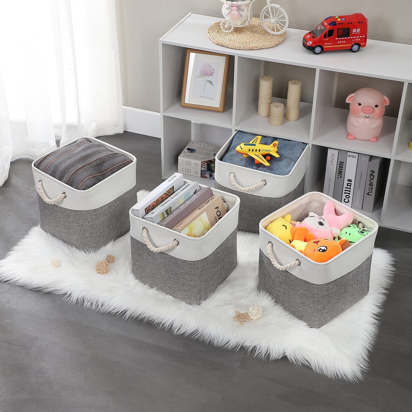 Mangata storage box fabric 30x30x30 cm, storage basket gray white, fabric baskets in cubes for wardrobe, shelf, and clothes, (Foldable, 4 pack)