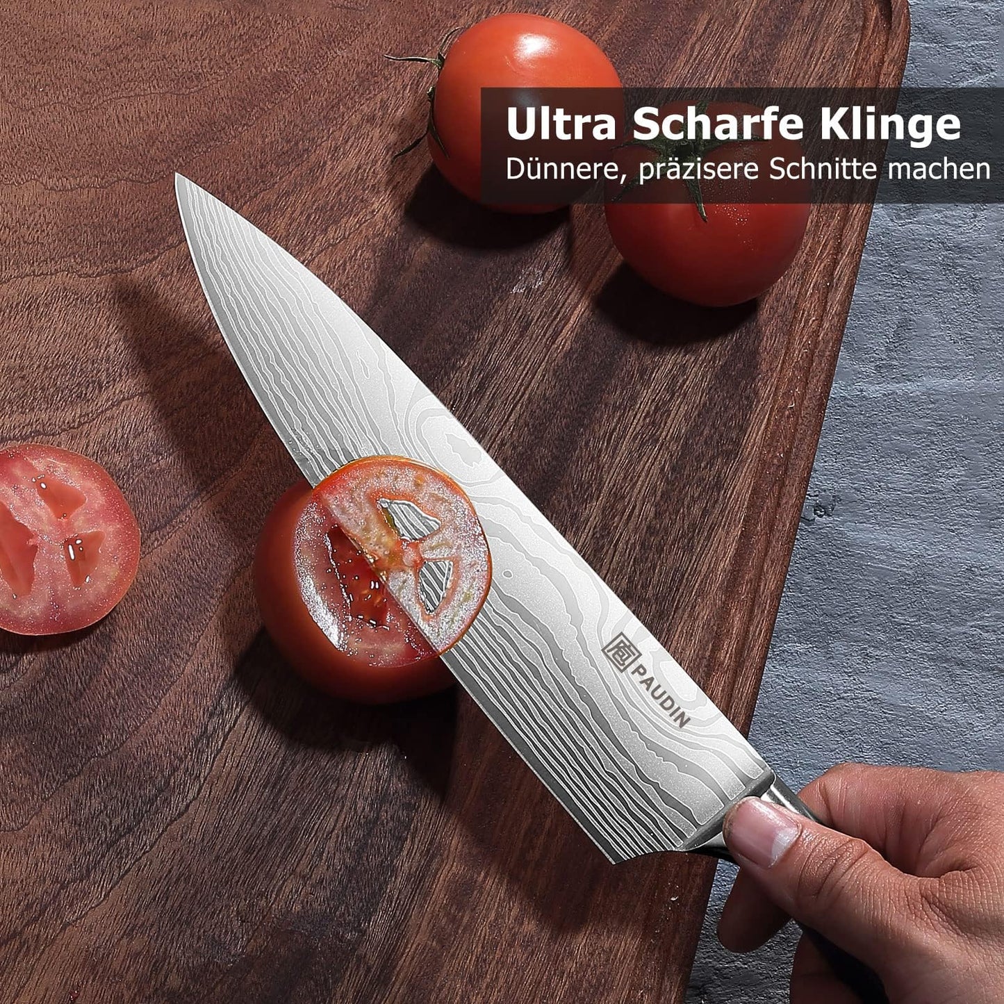 PAUDIN chef's knife, blade length 20 cm professional kitchen knife chef knife utility knife made of high-quality carbon stainless steel, extra sharp knife blade with ergonomic handle