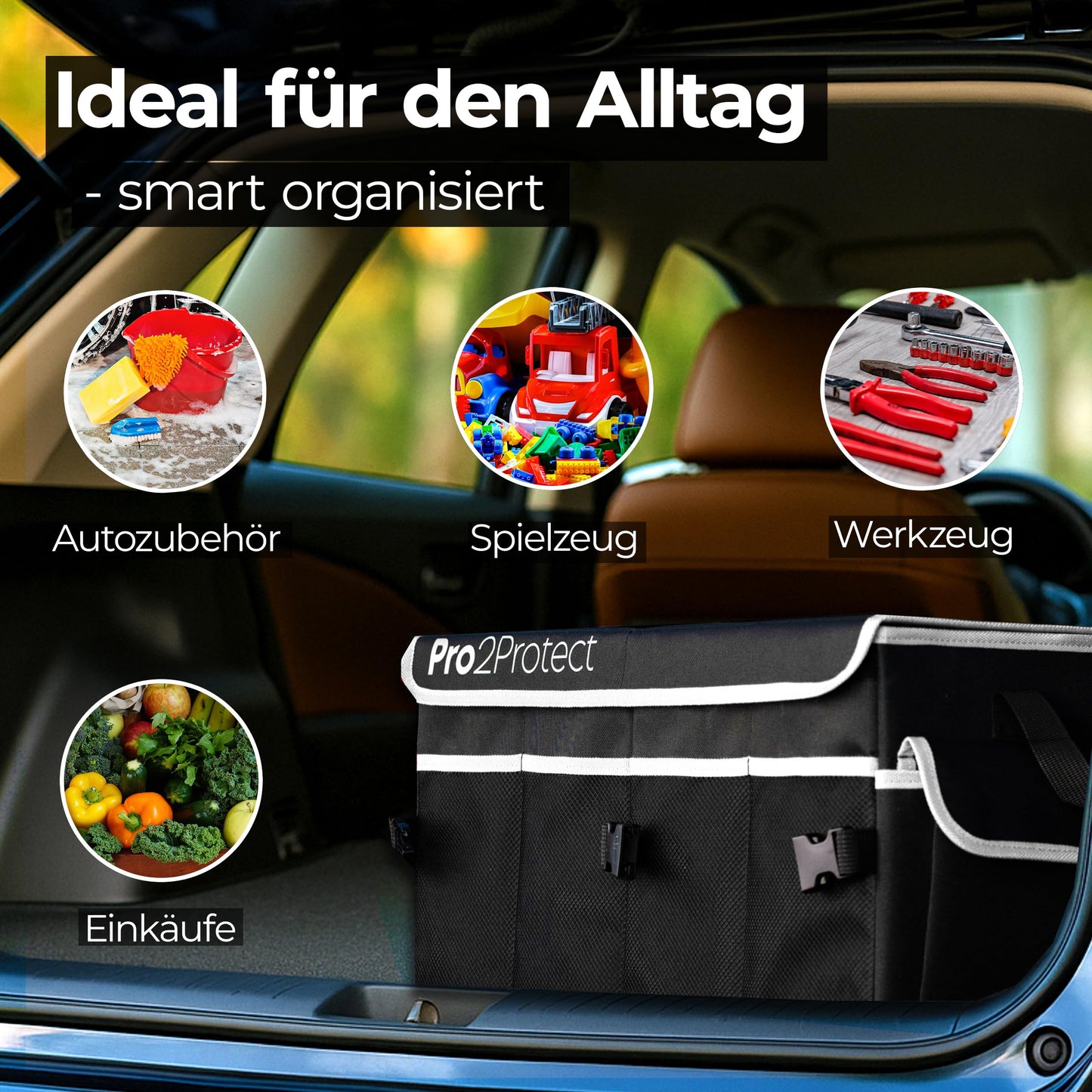 Pro2Protect PREMIUM [2x VERY GOOD test trunk organizer car accessories interior | 51x36x27cm | Large trunk bag | Foldable WATERPROOF | Car bag box | Gifts for women and men