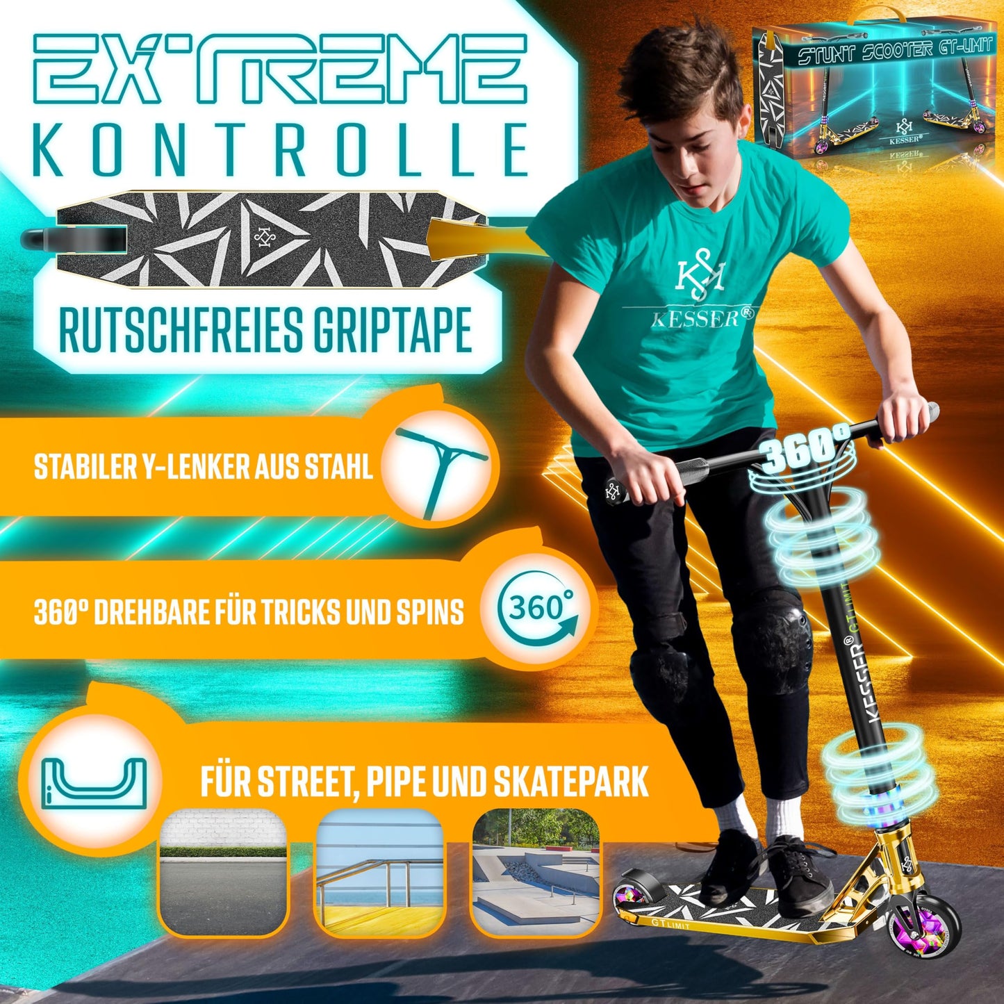 KESSERยฎ Stunt Scooter GT-Limit 360ยฐ Steering Freestyle Scooter Trick Scooter with Stand ABEC 9 Bearings, 110 mm PU Wheels, Kick Scooter Push Scooter City Roller Trick Scooter for Kids Adults