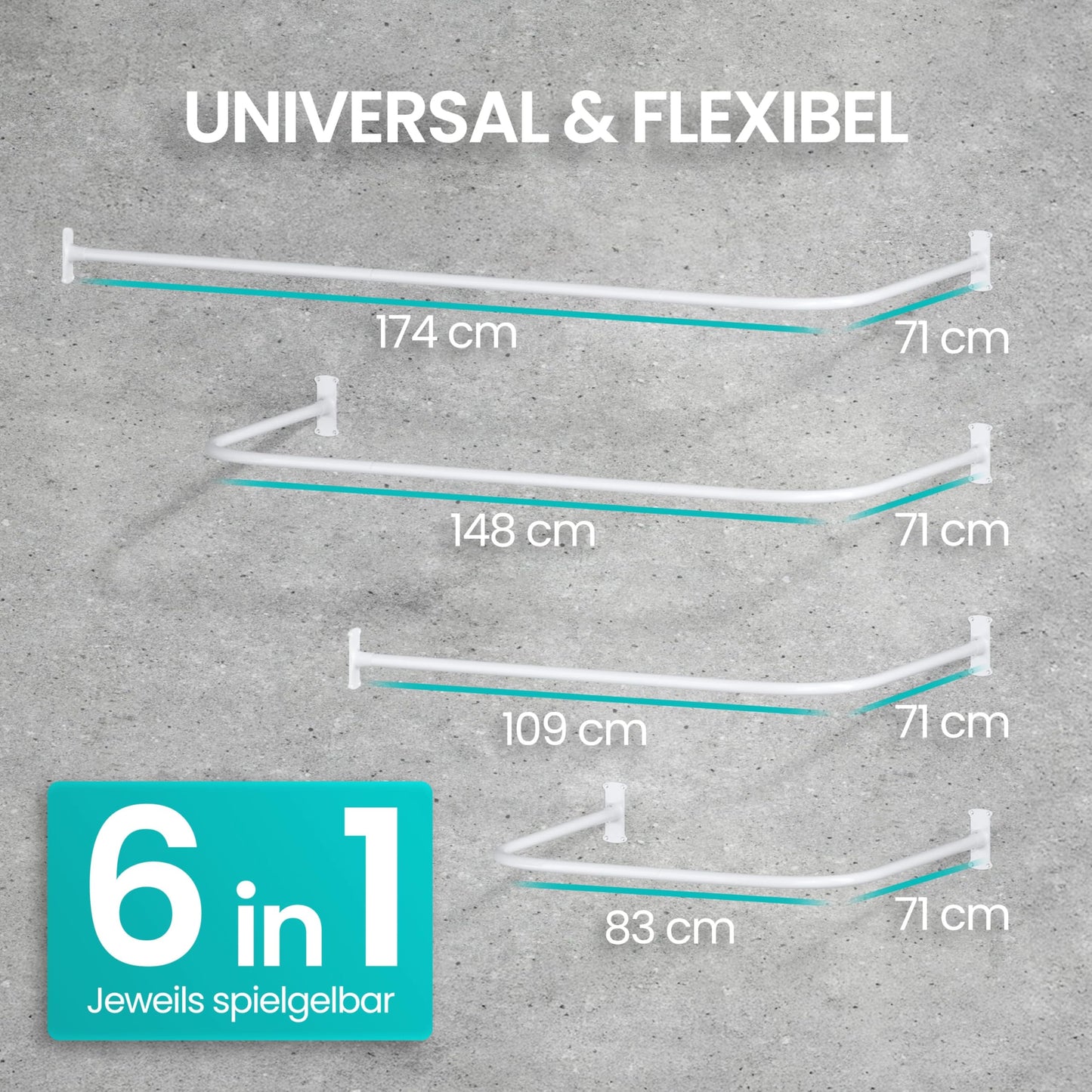 Shower curtain rod L-shape & shower rod U-shape 6 in 1 system incl. 12 rings - Stable corner rod for shower curtain without ceiling mounting - Corner shower rod rustproof - Bathtub & shower curtain rod
