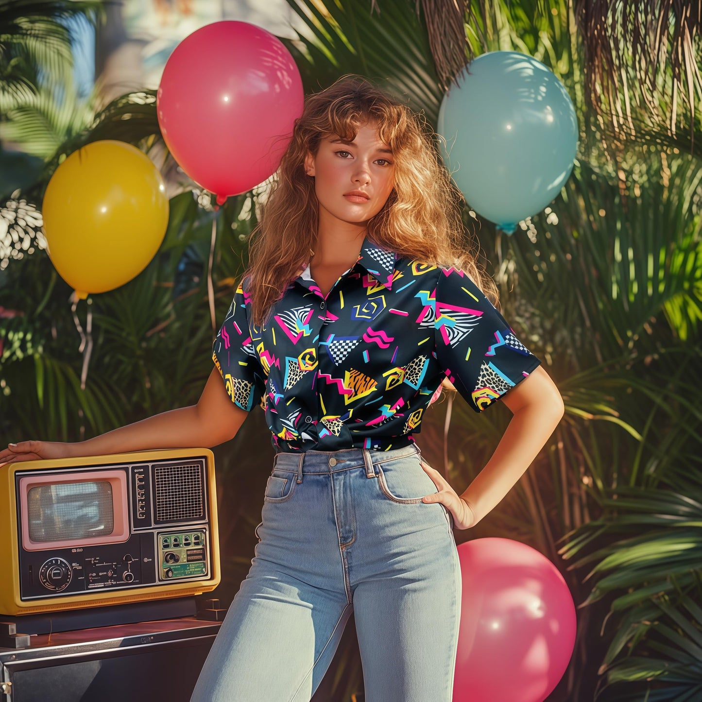 Hippie tops women Hawaii outfit blouse costume set Flower Power 80s shirt women 90s vintage shirt 70s clothing casual retro tops carnival costume (80s-Black, XL)
