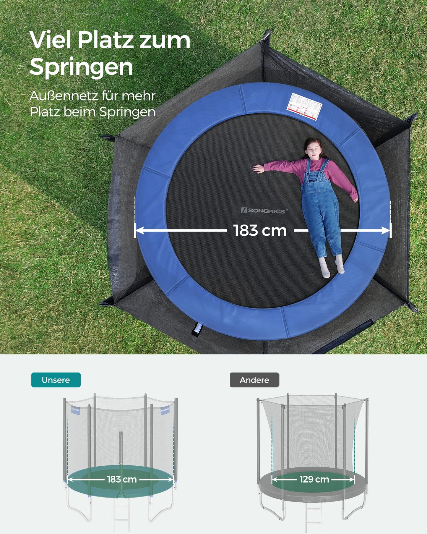 SONGMICS Trampoline Outdoor Ø 183 cm, garden trampoline for kids with safety net, padding, ladder, 180 cm high straight poles, steel frame, black-blue STR061Q01
