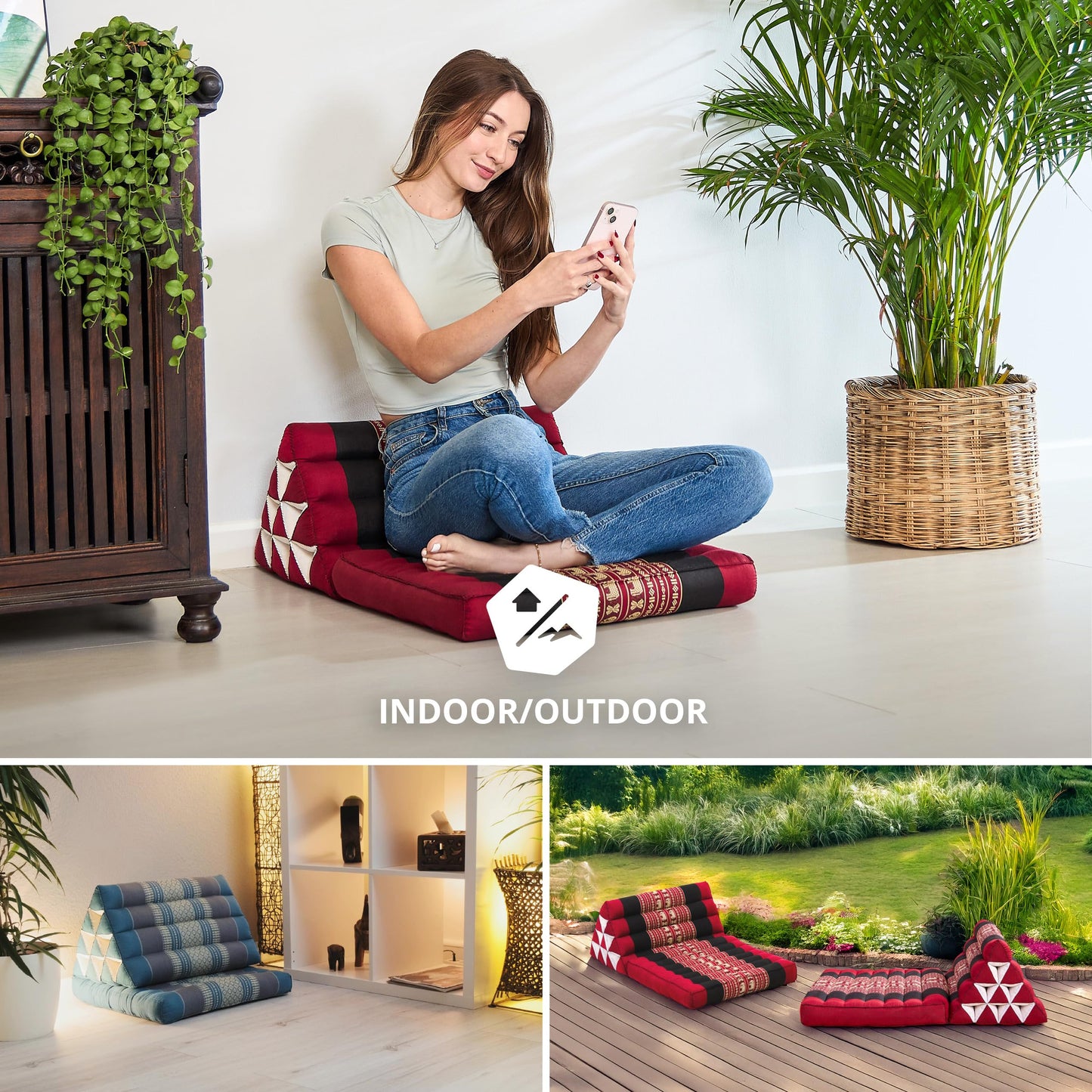 Livasia Thai pillow with 1 pad - 75x50x8cm - triangle pillow with seat cushion, wedge pillow with kapok, foldable back pillow, Thai mat for folding, handmade, meditation pillow (red/elephants)