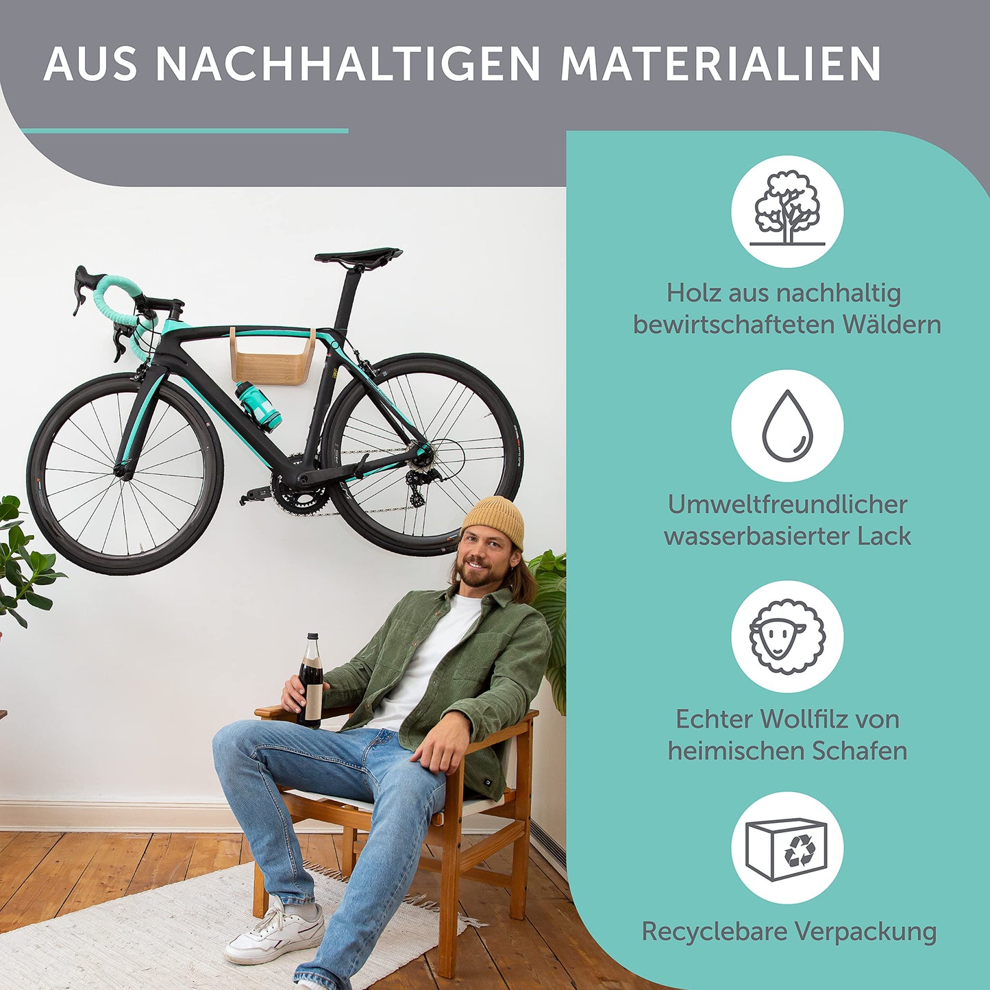 madeco Bike Wall Mount Wood - FlyBike S Oak - Design Bike Rack Wall Hanging for Home - Road Bike, Gravel Bike, Mountain Bike, Fixie, Singlespeed Bike Holder