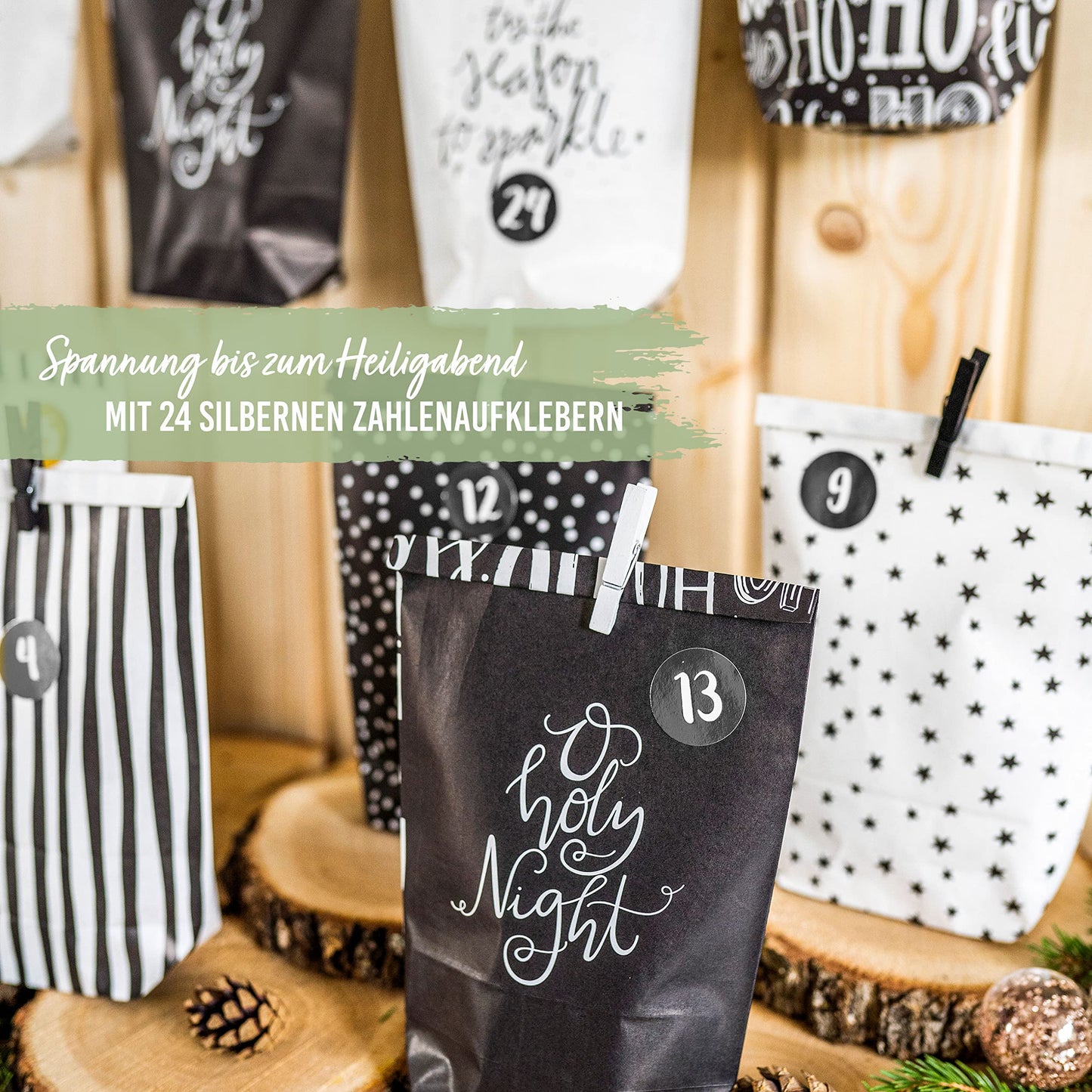 Paper Dragons Advent Calendar 2025 for filling - 24 black and white printed gift bags and 24 number stickers - Design Holy Night black & white - for crafting and gifting - Christmas